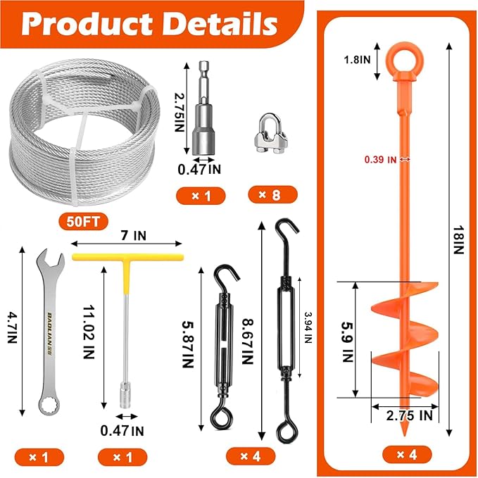 Camitlli 4 Pack 18" Fully Welded Ground Anchors Shed Anchor Kit with 1/8" Galvanized Cable, Heavy Duty Earth Anchors High Wind Screw in for Trampoline Swingset Tent Greenhouses (Orange)