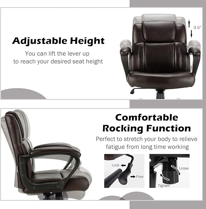 Giantex Leather Executive Chair, Ergonomic Mid Back Computer Desk Chair with 4" Thickened Cushion, Soft Padded Armrests, Height Adjustable Modern Swivel Task Chair for Home Office Study, Brown