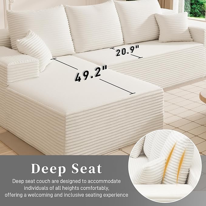 HYJT-H&K Modular Sectional Sofa Cloud Sectional Couch, 107" Comfy Fluffy L Shaped Beige Couches for Living Room, Deep Seat Memory Foam Plush Corduroy Boneless Couch Sectionals Left Facing Chaise Sofa