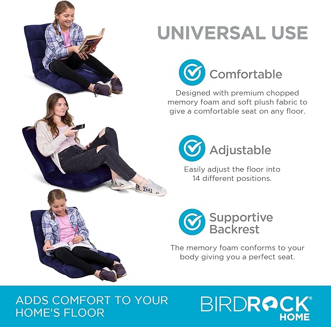 BIRDROCK HOME Adjustable Memory Foam Floor Chair - Ideal for Gaming, Reading, Meditation - Comfortable and Versatile - Suitable for Kids and Teenagers - Comfy Foldable Floor Seat - Blue