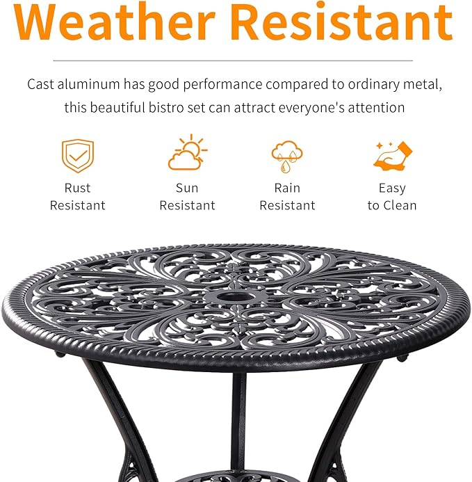 Withniture Outdoor Bistro Set 3 Piece Patio Bistro Set, Cast Aluminum Bistro Table and Chairs Set of 2, Small Patio Table Set for Porch, Black