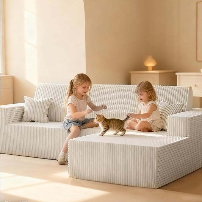 Komusou 110" Boneless Couch, Cloud Modular Sectional Sofa with L-Shape Chaise, Modern Upholstered Couches for Living Room Bedroom No Assembly Required (Beige, Right Facing Chaise)