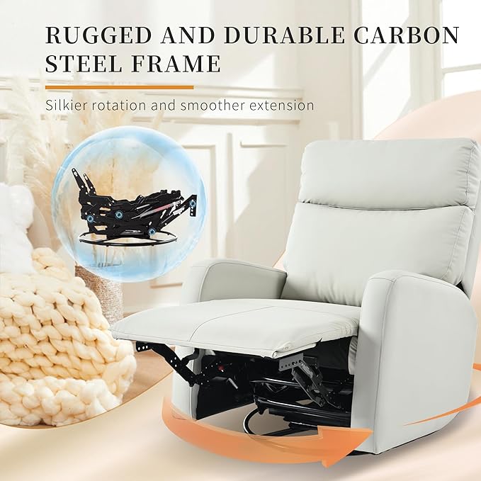 QKFF Swivel Rocker Recliner Chair for Nursery, Upholstered 360° Leather-air Glider Rocking Chair with Phone Holder, Manual Small Recliners for Small Spaces Living Room