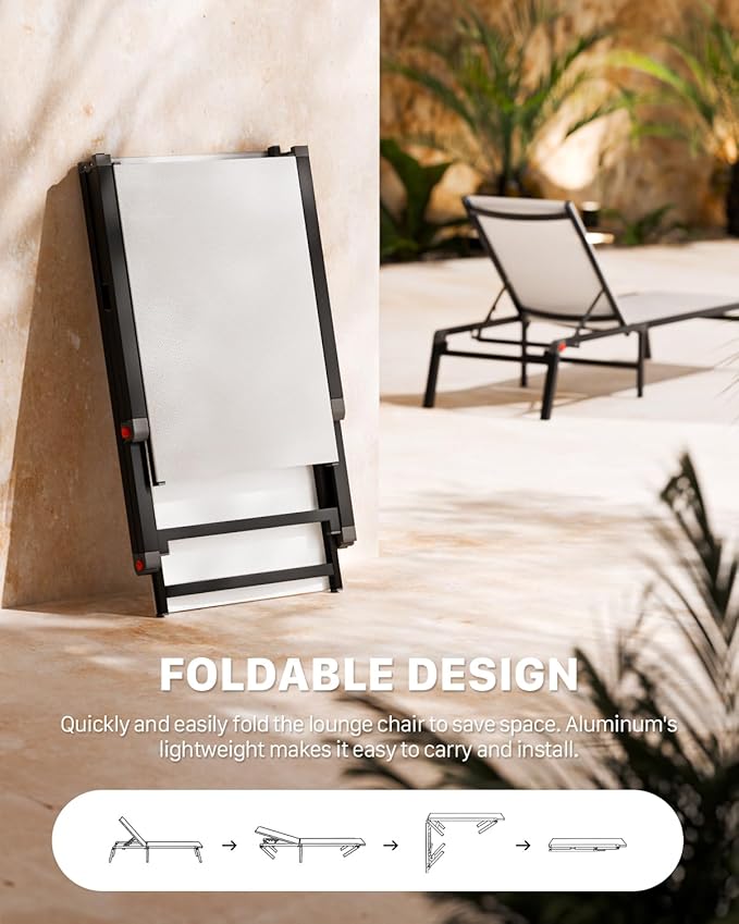 WOAJNQO Aluminum Patio Chaise Lounge Chair Set of 2 with Side Table,5-Position Adjustable Backrest,Foldable Lounge Chair Outdoor,Pool Lounge Chairs for Poolside,Lawn,Deck,Beach (White, 2 Pack+Table)