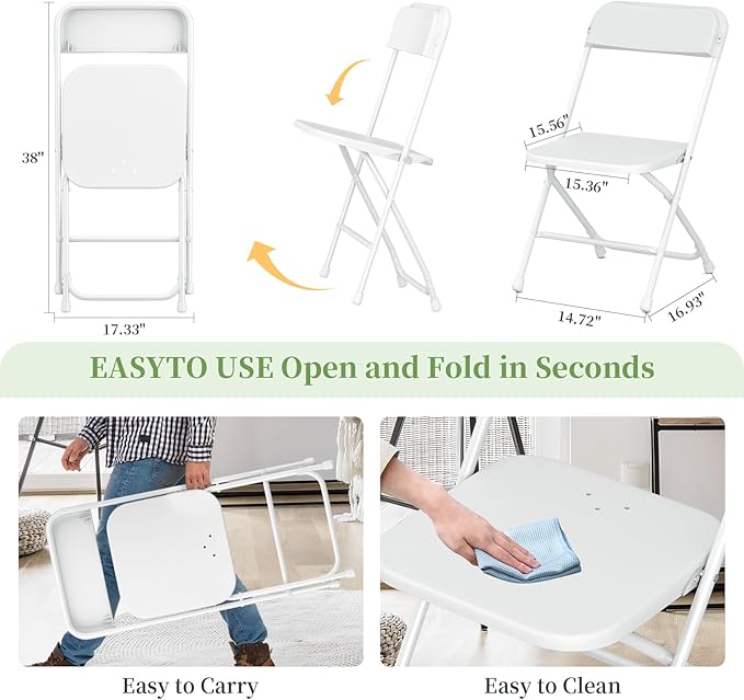 Folding Chair 10 Pack,White Folding Chairs for Indoor Outdoor,Portable Plastic Stackable Commercial Seat with Steel Frame 350lb.Capacity for Party Events Wedding Dining Picnic Office