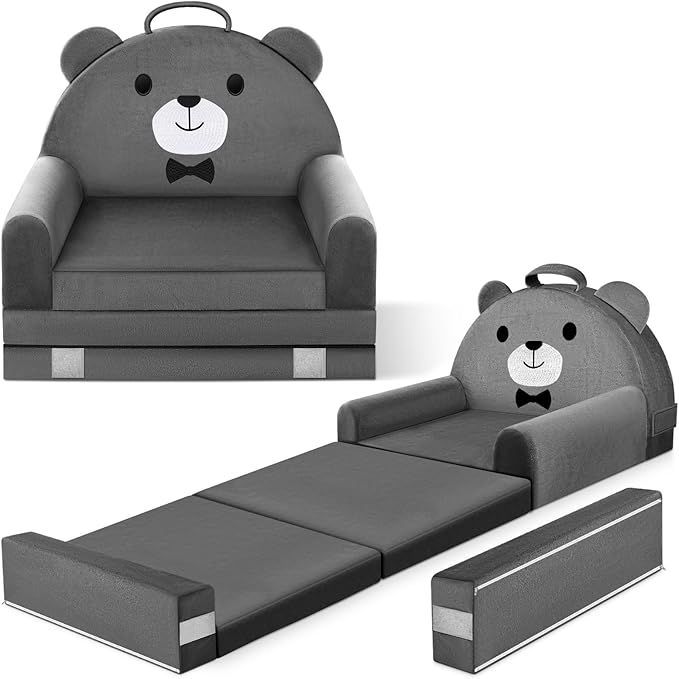 ORWIPO Kids Sofa Bed with Removable Washable Cover & Magic-Tape Backrest – Foldable Toddler Chair, Cozy Crystal Velvet Furniture for Playtime, Naps & Travel (Dark Gray, Bear Design)