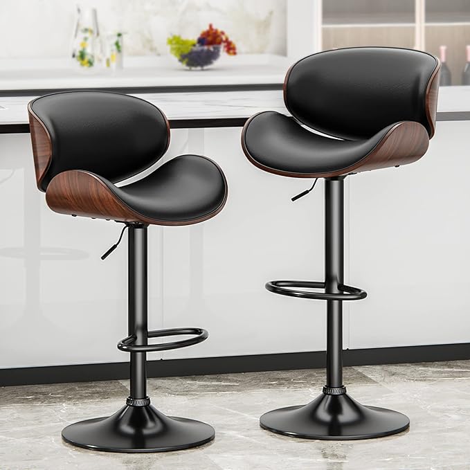Aowos Bar Stools, Adjustable Swivel Barstools for Kitchen Island, Mid Century Modern Leather Counter Height Bar Chairs with Back & Footrest (Black 1PCS)