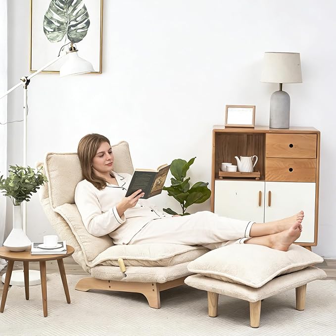 Beige Lazy Floor Lounger with Ottoman, Adjustable Floor Chair Bean Bag Style Tatami Sofa with Thick Cushions and Back Support, Comfy Lounge Seating for Adults, Gaming & Bedroom Relaxation
