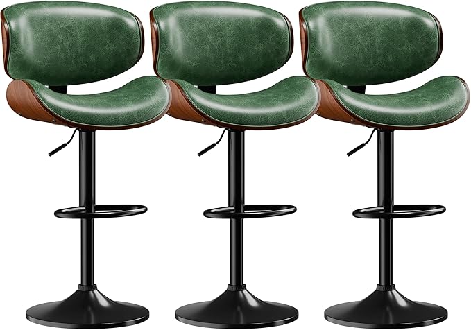 Aowos Bar Stools Set of 3, Adjustable Swivel Leather Bar Stools for Kitchen Island, Mid Century Modern Counter Height Bar Chairs Barstools with Back & Footrest (Green)
