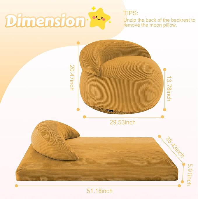 COMAX Bean Bag Chair for Kids, Convertible Toddler Beanbag Bed Corduroy, Children Bean Chair Stuffed to Floor Mattress with Filler, Yellow