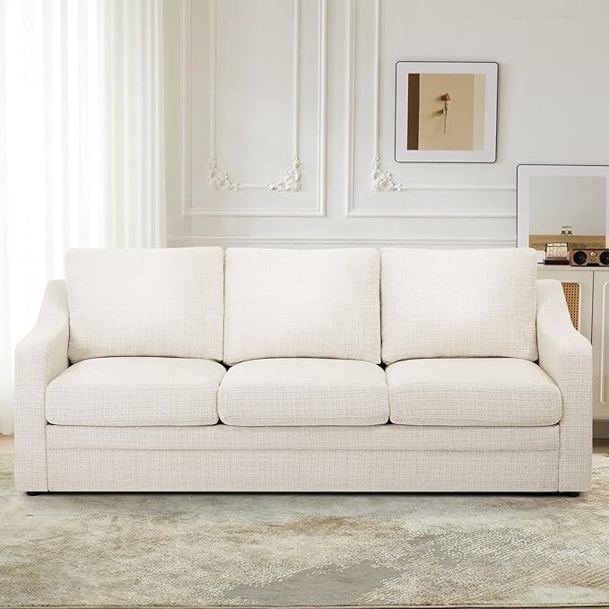 ACMEASE 83 Inches Chenille 3-Seat Sofa w/Comfortable Back Cushions, Modern Sofa w/Deep Seat Space, Upholstered 3 Seater Couch w/High Resiliency Foam for Living Room, Beige