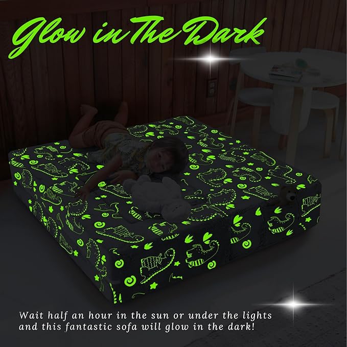 MeMoreCool Dinosaur Glow Foam Kids Play Couch Set, Gray Modular Sofa & Lounger – Glow-After-Light Dinosaur Pattern, Machine-Washable Cover
