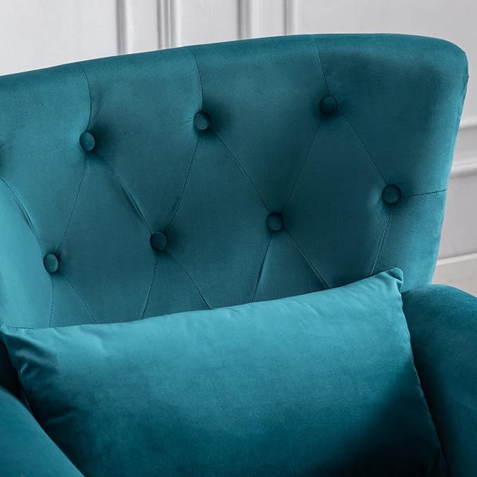 LZAREAL Accent Reading Arm Chairs for Living Room Bedroom, Midcentury Modern Comfy Corner Sofa Chair, Wingback Waiting Room Club Chair with Button Tufted Back &Lumbar Pillow, Velvet Teal