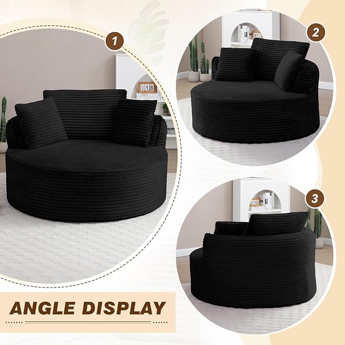 53"W Oversized Round Chaise Longue Chair Indoor,Corduroy Fluffy Comfy Cloud Chair,Circle Bean Bag Sofa with Foam Filling & Pillows,Boneless Reading Cozy Sofa Chairs for Living Room,Bedroom,Black