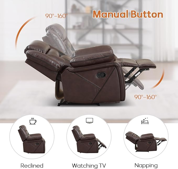 EBELLO Faux Leather Manual Reclining Sofa, 3 Seat Recliner Sofa Chair, Couch Furniture for Living Room, Furniture, Meeting Room, Dark Brown (3 Seat Sofa)