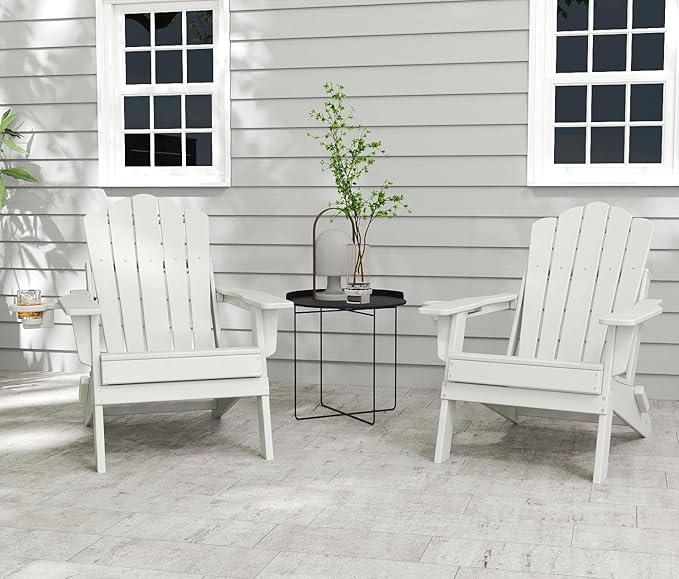 FOOWIN Adirondack Chair Set of 2, Folding Adirondack Chair with Cup Holder, HDPE All-Weather Fire Pit Chair for Patio, Garden, Backyard, Poolside, White
