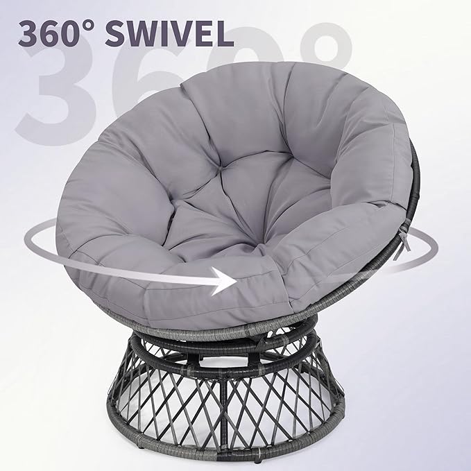 Kromax 40" Ergonomic Wicker Papasan Chair, 360° Swivel Round Egg Chair with Soft Thick Cushion, Indoor Outdoor Use for Living Room, Bedroom, Reading Room, Grey Frame with Light Grey Cushion