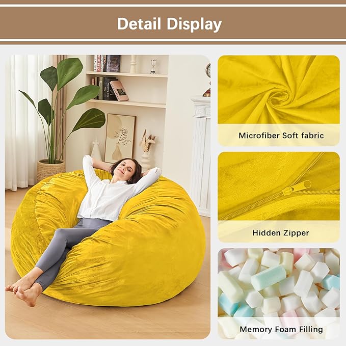 Bean Bag Chairs for Adults - Memory Foam Furniture BeanBag Chair - Kids/Teens Sofa with Soft Micro Fiber Cover - Round Fluffy Couch for Living Room Bedroom College Dorm - 4 ft, Yellow