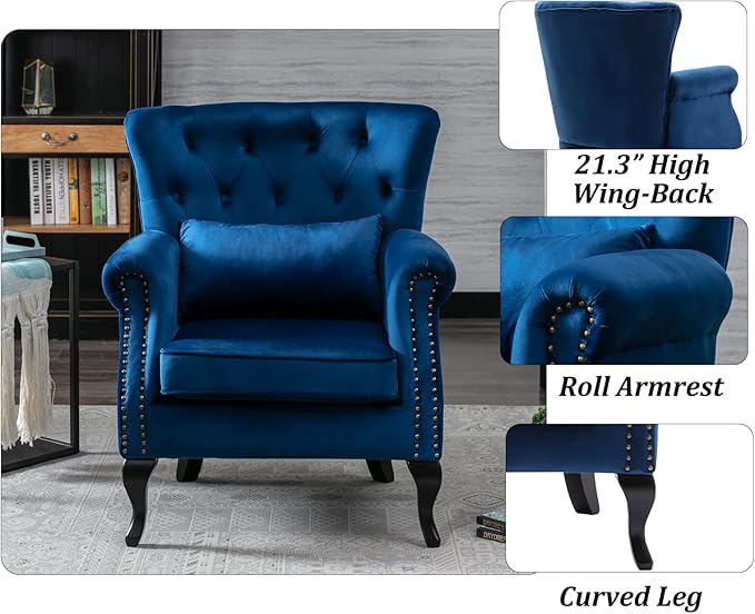 DM Furniture Set of 2 Mid-Century Modern Accent Chair, Velvet Armchair w/Tufted Back/Wood Legs, Upholstered Lounge Arm Chair Single Sofa for Living Room Bedroom, Blue