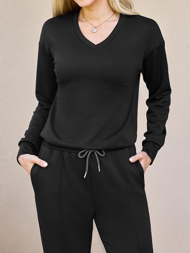 difficort Women's 2 Piece Lounge Sets Casual Travel Airport Outfits Side Slit V-Neck Tops & Wide Leg Pants Matching Set