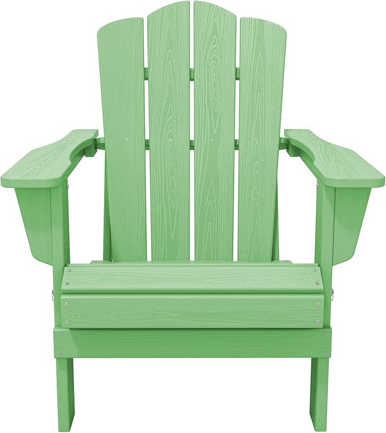 KINGYES Folding Adirondack Chair, HDPE All-Weather Patio Chairs, Wooden Textured Lawn Chair for Poolside, Backyard, Deck, Fire Pit, Light Green