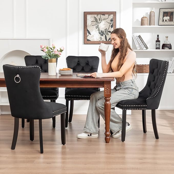 Kiztir Velvet Dining Chairs Set of 4, Upholstered Dining Room Chairs with Ring Pull Trim and Button Back, Luxury Tufted Dining Chairs for Living Room, Bedroom, Kitchen (Black)