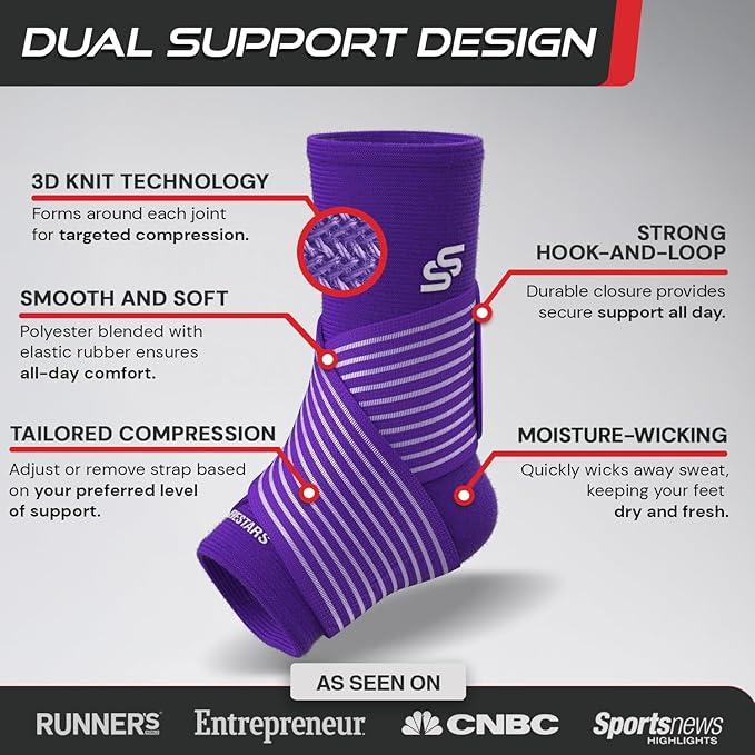 Sleeve Stars Ankle Brace for Women & Men, Ankle Wrap for Sprained Ankle, Compression Sleeve for Plantar Fasciitis Relief, Easy Customizable Support: w/Removable Strap (Pair/M:10"-12"/Dark Purple)