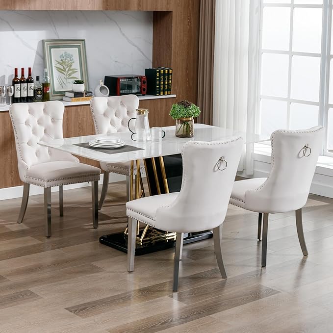 YeahFurn Mid Century Modern Dining Chairs Set of 8, Beige Velvet Upholstered Tufted Back, Kitchen & Dining Room Chairs, Brushed Silver Metal Legs, Nailhead Trim, Sillas para Comedor (Beige, 8 Pcs)