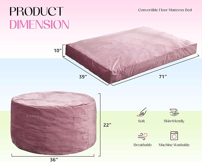 Hobestluk Giant Bean Bag Chair Bed for Adults, Large Bean Bags with High-Density Foam Filling, Convertible Big Sofa Bed Couch for Living Room, Bedroom, Playroom (Pink, Twin)