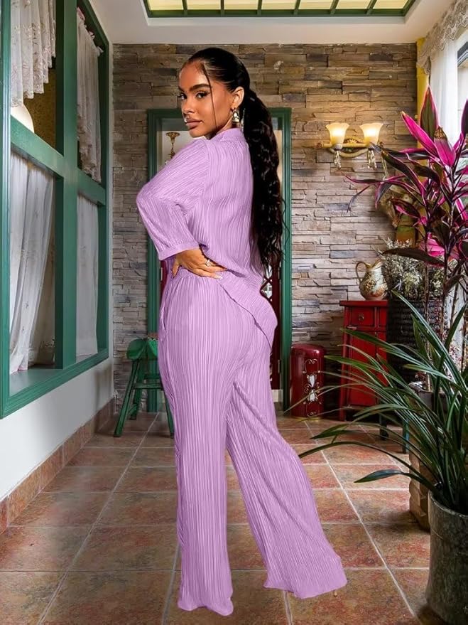 Ekaliy Women's 2 Piece Casual Pleated Outfits Short Sleeve Button Down Shirt High Waist Wide Leg Trouser Sets Suit