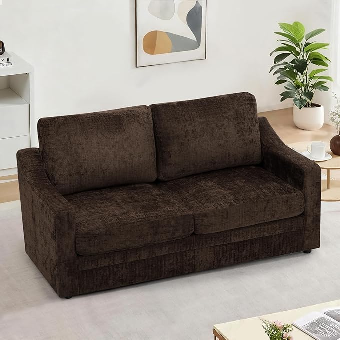 ACMEASE 67 Inches Chenille 2-Seat Sofa w/Comfortable Back Cushions, Modern Love Seat w/Deep Seat Space, Upholstered 2 Seater Couch w/High Resiliency Foam for Living Room, Office, Brown