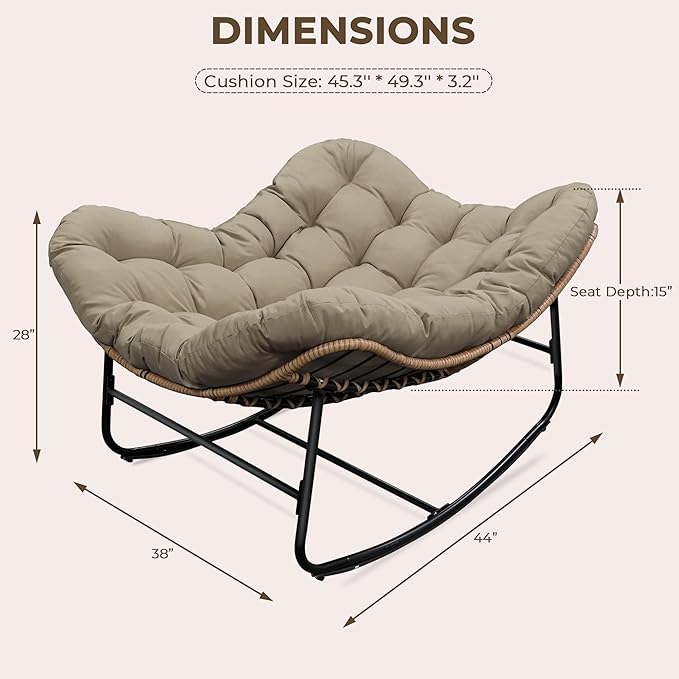 Sgentle Papasan Rocking Chair for Outdoor & Indoor, Oversized Patio Rocking Chair with Cushions & Steel Frame, Wicker Egg Lounge Chair, Comfy Reading Chair for Patio, Deck, Porch (Khaki, Style 2)