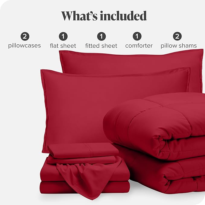 Bare Home Bed-in-A-Bag 7 Piece Comforter & Sheet Set - King - Goose Down Alternative - Ultra-Soft 1800 Premium - Bed Set (King, Red/Red)