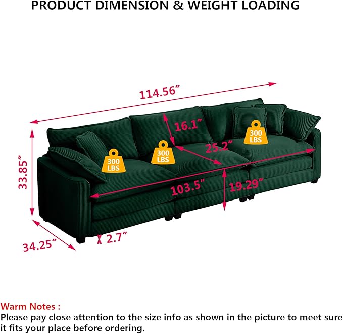Aoowow Corduroy 3 Seater Sofa Couch,Modern Large Cloud Couches for Living Room,Modular Sectional Cloud Sofas with Deep Seat,Oversized Tufted 3 Seat Sofa Set. (Green, 3 Seater)