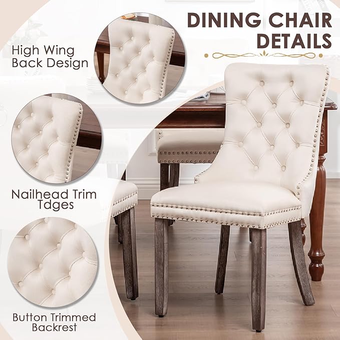 Kiztir Velvet Dining Chair Set of 2, Modern Kitchen Chairs with Nailhead Trim, 2 Pieces Upholstered Dining Room Chairs for Living Room, Bedroom (Beige)