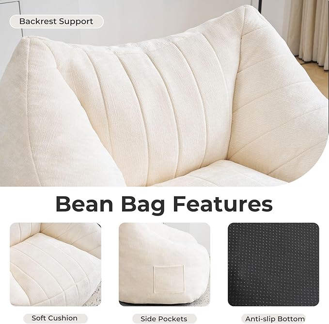 Giant Bean Bag Chair for Adults,Oversized Bean Bag with Filling Plush Fluffy,BeanBag Floor Sofa Chair with with Back Support for Living Room, Bedroom, Reading, Lvory