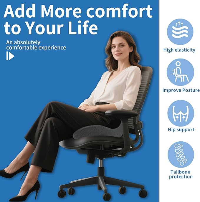 Memory Foam Seat Cushion,High Support Ergonomic Office Chair Cushion Thickened with Strap for Hip, Sciatica,Hemorrhoids,and Tailbone Pain Relief,Seat Cushion for Car,Home,Office