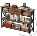 Mexin 47 Inch Console Table with 2 Outlet and 2 USB Ports, Entryway Table with Drawer and Storage Shelves, Narrow Sofa Table for Living Room and Hallway, Vintage Brown