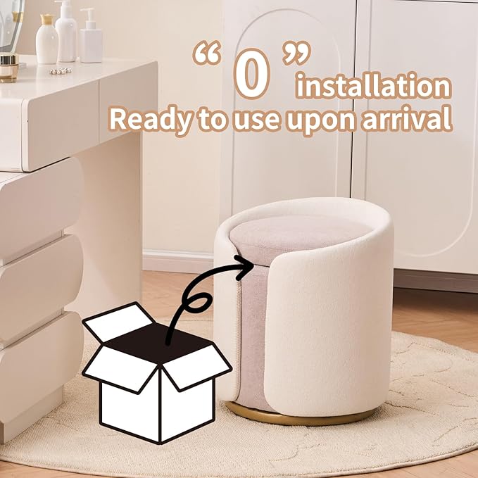 Vanity Chair with Storage, Round Boucle Vanity Stool No Wheels, Swivel Ottoman Chair with Upholstered for Women, Makeup Chairs Accent Stool with Back for Living Room, Gold Base, Beige