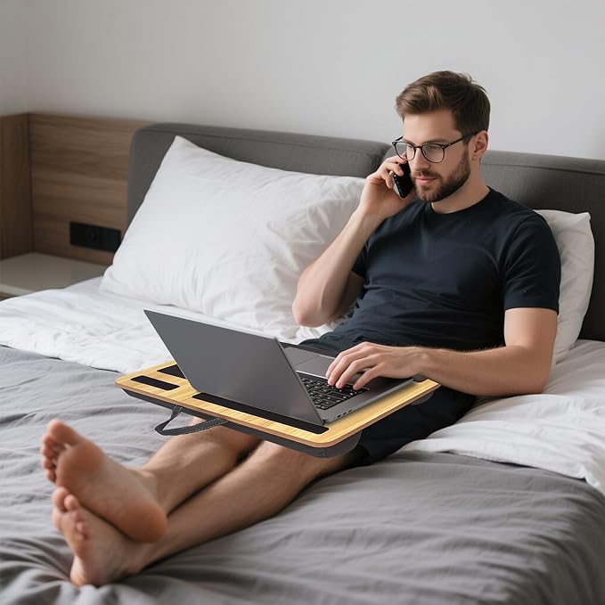 Lap Desk - Laptop Tray for Bed, Lapdesk with Cushion for Couch Sofa Fits up to 17” Laptop, Lap Table with Portable Handle,Tablet,Phone Slots,Mousepad with Foldable Metal Device Stand(Light Brown)