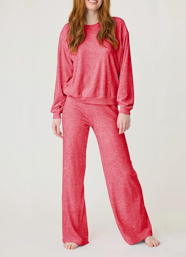 Aamikast Women's 2-Piece Lounge Set Soft Brushed Jersey Sleepwear Pajamas Set Long Sleeve Top & Wide Leg Pants