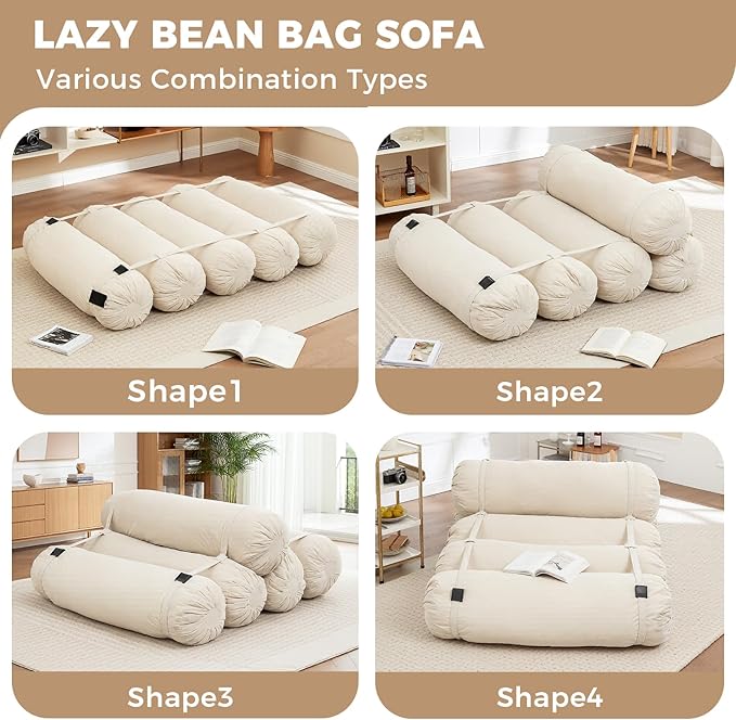 Ekskiei Bean Bag Chair, Corduroy Sectional, Flexible Floor Seating Lazy Sofa, Soft Foam Filled Lounger, Non-Removable Cover, Reconfigurable Design,Living Room,Bedronm&Offices,Beige