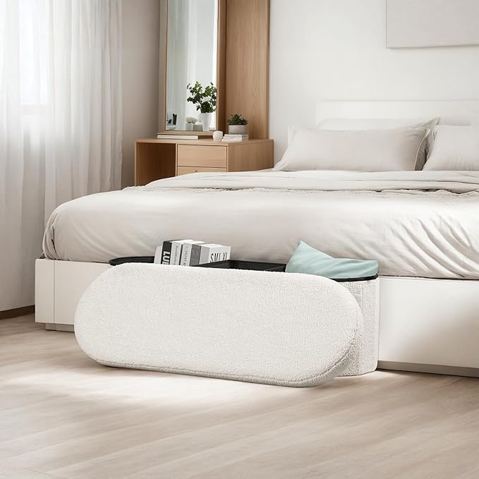 Storage Ottoman Bench, 43.3 Inches Oval Ottoman with Storage, Teddy Boucle Foot Rest, Large Folding Ottoman Bench for Living Room, Entryway, Bedroom, White