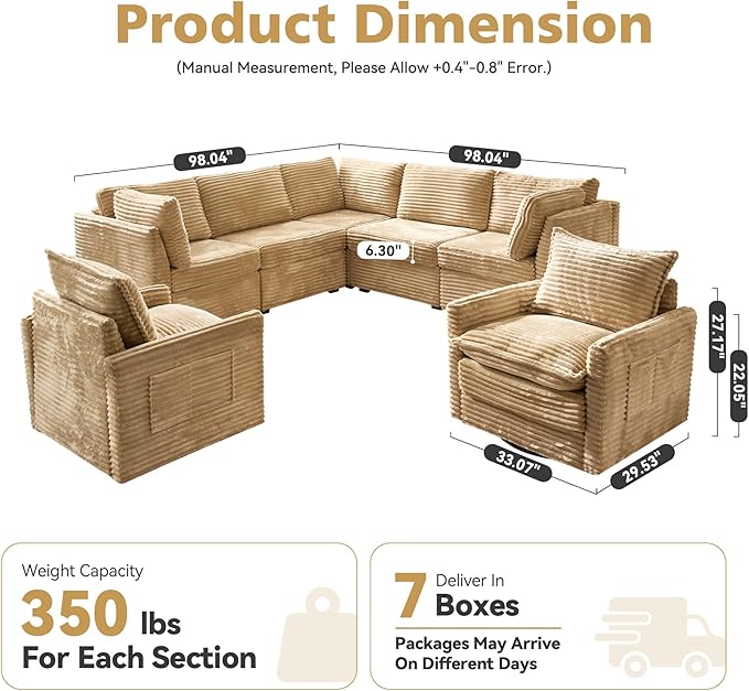CAODOC Modular Sectional Sofa, 98" L Shaped Couch Set for Living Room, 4-Seater Comfy Cloud Couches with Swivel Chairs, DIY Combination, Plush Corduroy, Beige