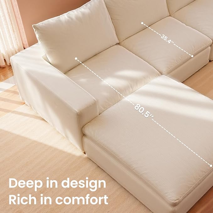 Vorthio Cloud Couch Sectional Oversized Modular Sofa with 35'' Deep Seat Boneless Couch Comfy Sofa Stain-Resistant White Sectional Couches for Living Room Apartment 4 Seater