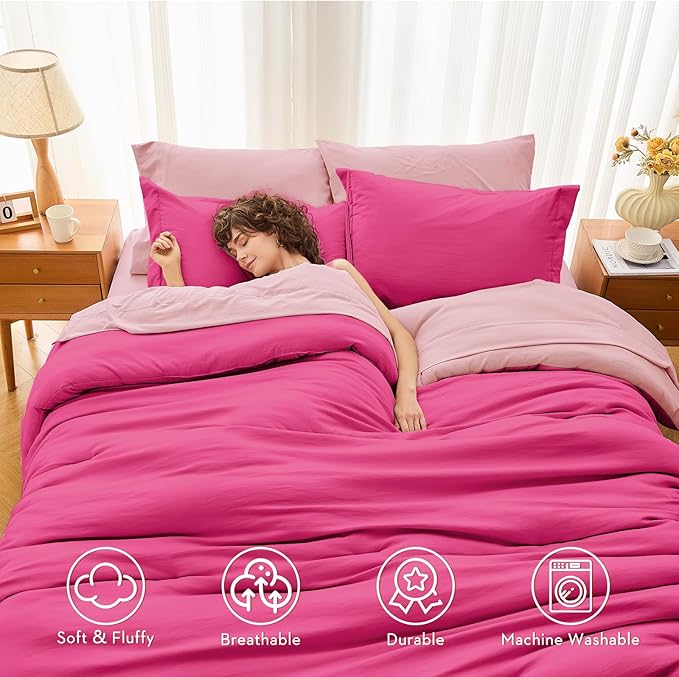 MUXHOMO 7 Pieces Queen Comforter Set, Soft Bed in a Bag Queen Size, All Season Bedding Set with Comforter, Flat Sheet, Fitted Sheet, Pillowcases & Shams, Hot Pink & Baby Pink