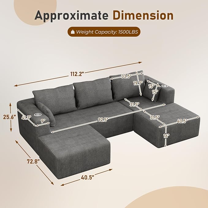 Furnimart 112" Oversized Modular Sectional Sleeper Sofa with 3 Ottoman, Boneless Cloud Couch Bed 3 Seater with Chaise for Living Room, Modern Convertible Sleeper Couch, No Assembly, Corduroy Dark Grey
