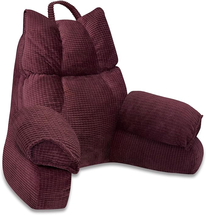RRPAHWTV Reading Pillow for Bed with High Arm Rests,Back Support Pillow for Sitting Up in Bed with Shredded Memory Foam for Reading, TV, Gaming or Relaxing on Floor（Plum，Small）