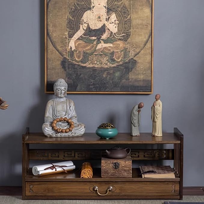 Low 3-Tier Meditation Table with Drawer,Bamboo Altar Tables,Puja Desks,Tatami Desk,27.2”W,Walnut Color