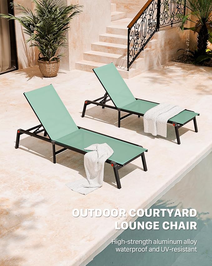 Aluminum Chaise Foldable Patio Lounge Chair Outdoor, Metal Deck Lounger Adjustable 5-Position Recliner Pool Chase Breathable Full Flat Outside Sun Tanning Chairs for Beach/Poolside/Lawn(Green, 1Pack)